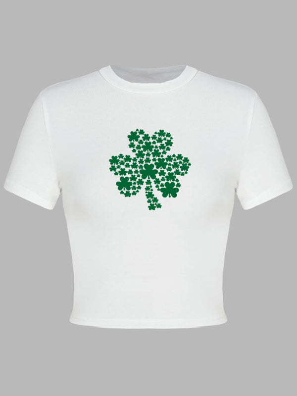 Tees- St. Patrick's Day Crop Tee for Women with Leprechaun & Lucky Clover Print- - Pekosa Women Clothing