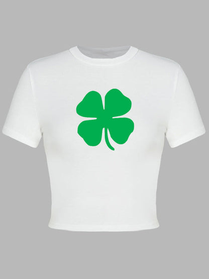 Tees- St. Patrick's Day Crop Tee for Women with Leprechaun & Lucky Clover Print- - Pekosa Women Clothing