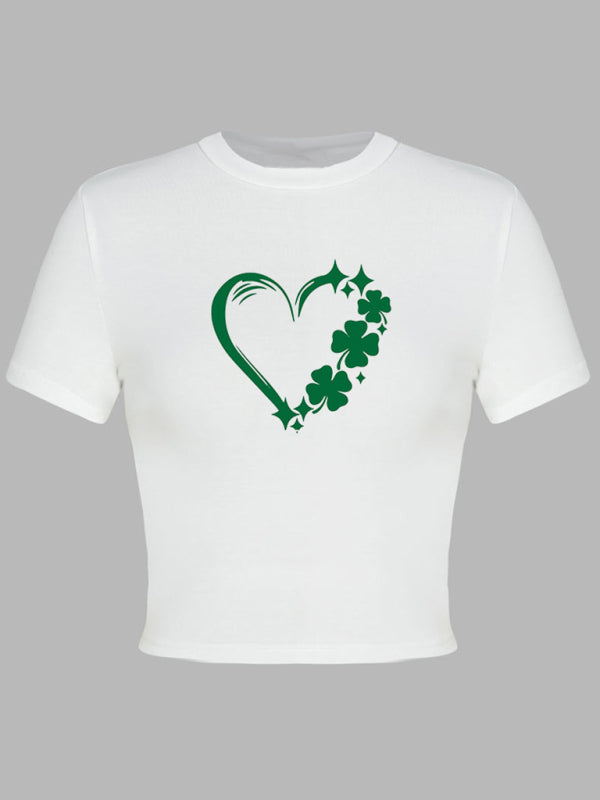 Tees- St. Patrick's Day Crop Tee for Women with Leprechaun & Lucky Clover Print- - Pekosa Women Clothing