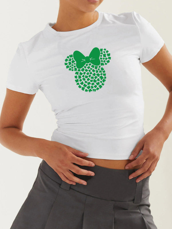 Tees- St. Patrick's Day Crop Tee for Women with Leprechaun & Lucky Clover Print- Fruit green- Pekosa Women Clothing