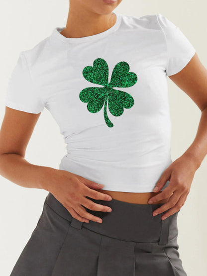 Tees- St. Patrick's Day Crop Tee for Women with Leprechaun & Lucky Clover Print- Green- Pekosa Women Clothing