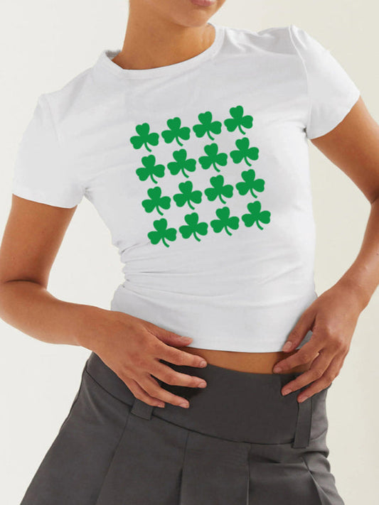 Tees- St. Patrick's Day Crop Tee for Women with Leprechaun & Lucky Clover Print- Pale green- Pekosa Women Clothing