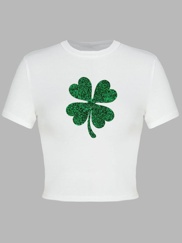 Tees- St. Patrick's Day Crop Tee for Women with Leprechaun & Lucky Clover Print- - Pekosa Women Clothing