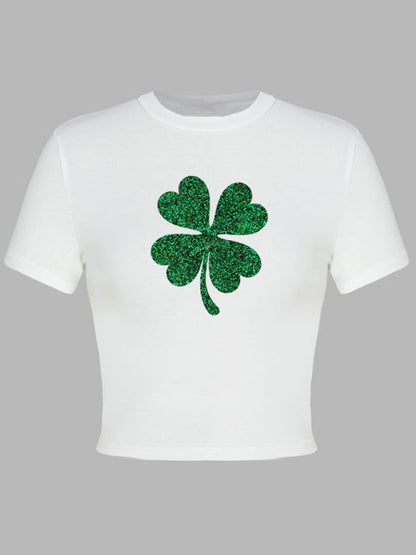 Tees- St. Patrick's Day Crop Tee for Women with Leprechaun & Lucky Clover Print- - Pekosa Women Clothing