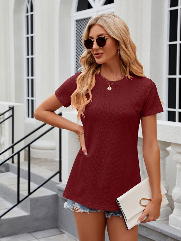 Tees- Textured Crew Neck Tee | Short-Sleeve Casual Top- - Pekosa Women Clothing