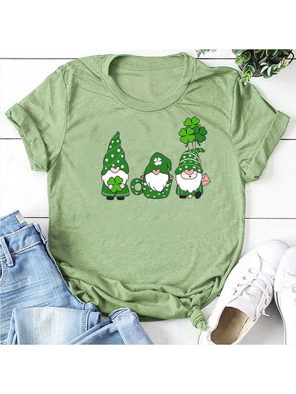 Tees- Women's Cotton Tee with Short Sleeves and St. Paddy's Leprechaun Print- Pale green- Pekosa Women Clothing