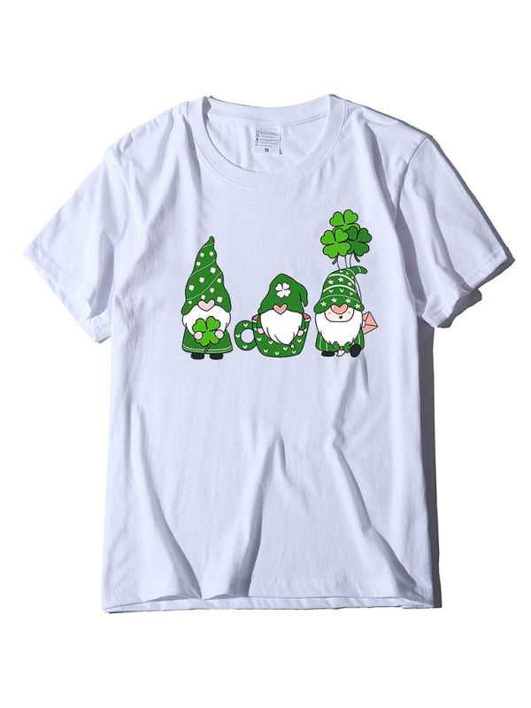 Tees- Women's Cotton Tee with Short Sleeves and St. Paddy's Leprechaun Print- White- Pekosa Women Clothing