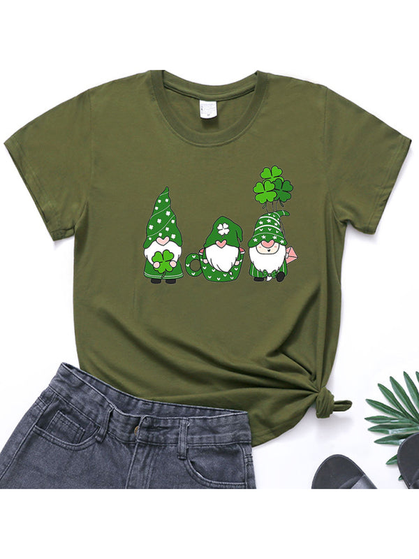 Tees- Women's Cotton Tee with Short Sleeves and St. Paddy's Leprechaun Print- Olive green- Pekosa Women Clothing