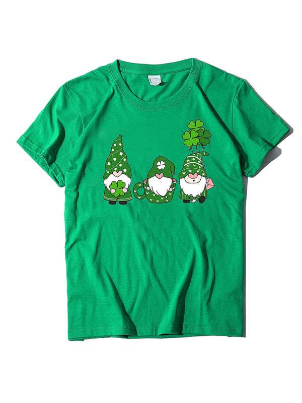 Tees- Women's Cotton Tee with Short Sleeves and St. Paddy's Leprechaun Print- Grass green- Pekosa Women Clothing