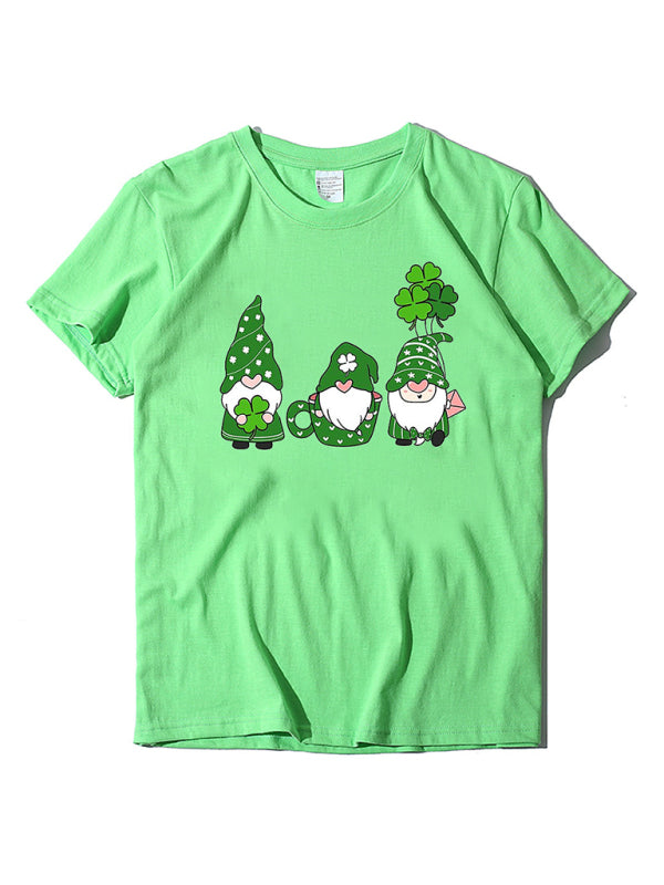 Tees- Women's Cotton Tee with Short Sleeves and St. Paddy's Leprechaun Print- Fruit green- Pekosa Women Clothing