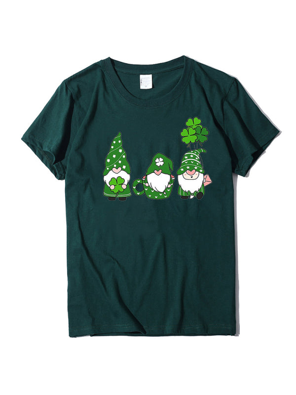 Tees- Women's Cotton Tee with Short Sleeves and St. Paddy's Leprechaun Print- Green black jasper- Pekosa Women Clothing