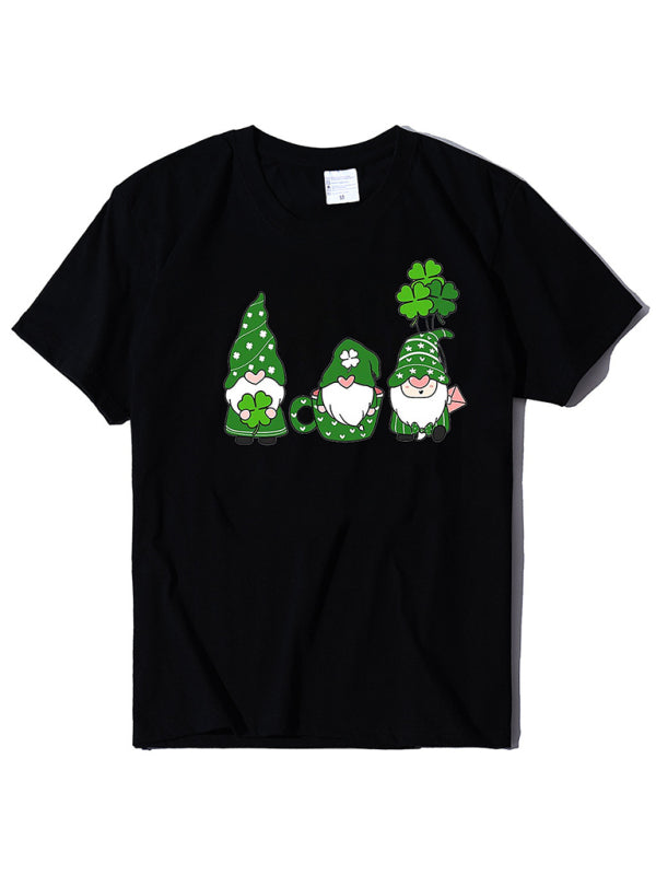 Tees- Women's Cotton Tee with Short Sleeves and St. Paddy's Leprechaun Print- Black- Pekosa Women Clothing