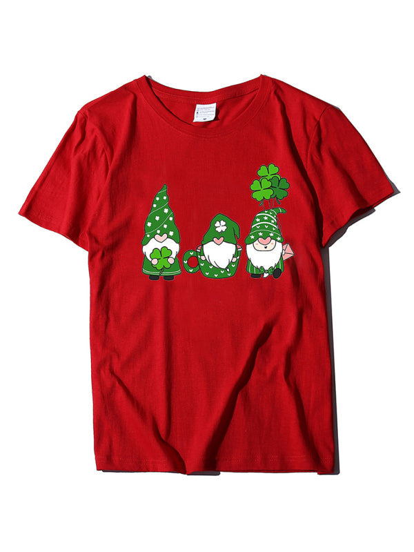 Tees- Women's Cotton Tee with Short Sleeves and St. Paddy's Leprechaun Print- Red- Pekosa Women Clothing