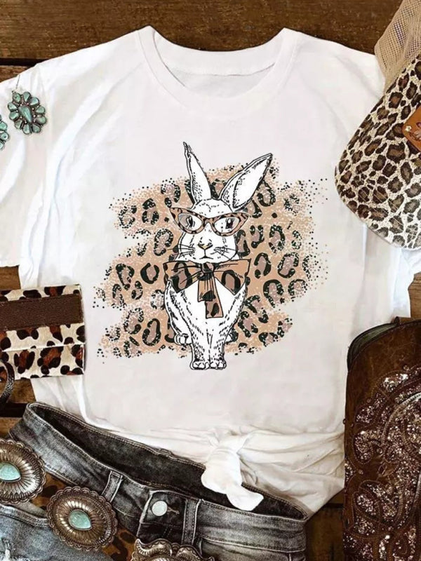 Tees- Women's Easter Bunny Leopard Print T-Shirt for Holy Week- - Pekosa Women Clothing