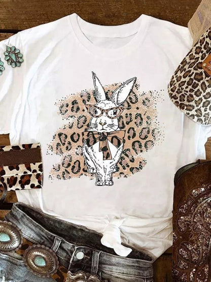 Tees- Women's Easter Bunny Leopard Print T-Shirt for Holy Week- - Pekosa Women Clothing