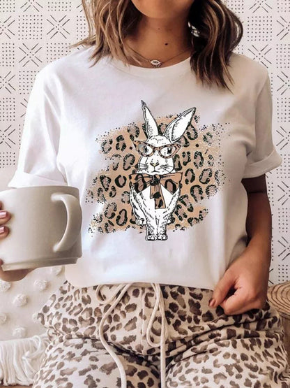 Tees- Women's Easter Bunny Leopard Print T-Shirt for Holy Week- White- Pekosa Women Clothing