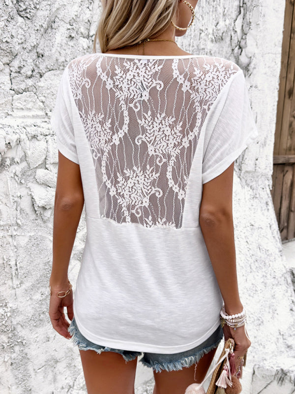 Tees- Women's Solid V-Neck Ruched Tee Blouse with Lace Back- - Pekosa Women Fashion