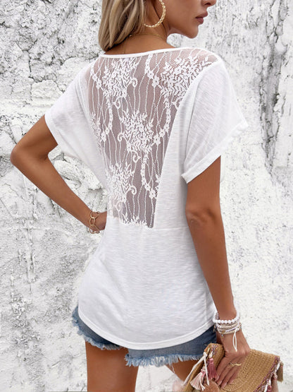 Tees- Women's Solid V-Neck Ruched Tee Blouse with Lace Back- - Pekosa Women Fashion