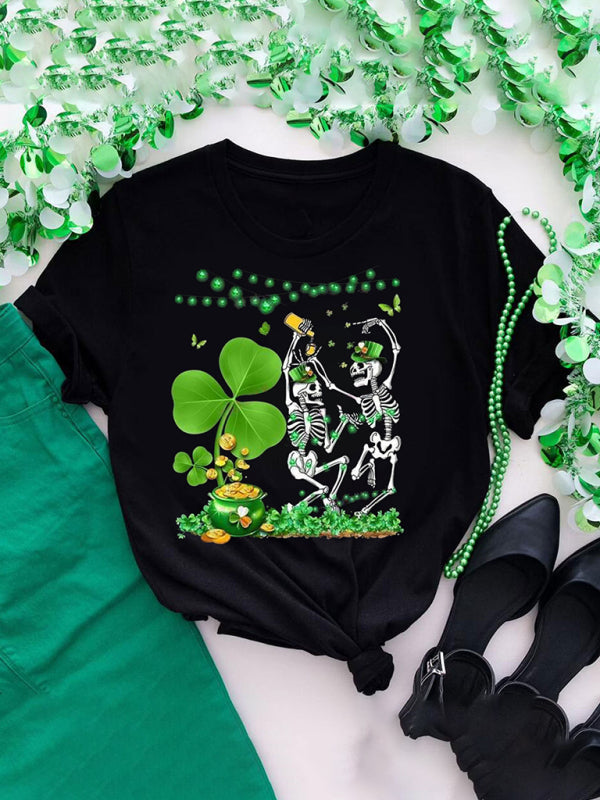 Tees- Women's St. Patrick's Day Tee with Four-leaf Clover Print- Green- Pekosa Women Clothing