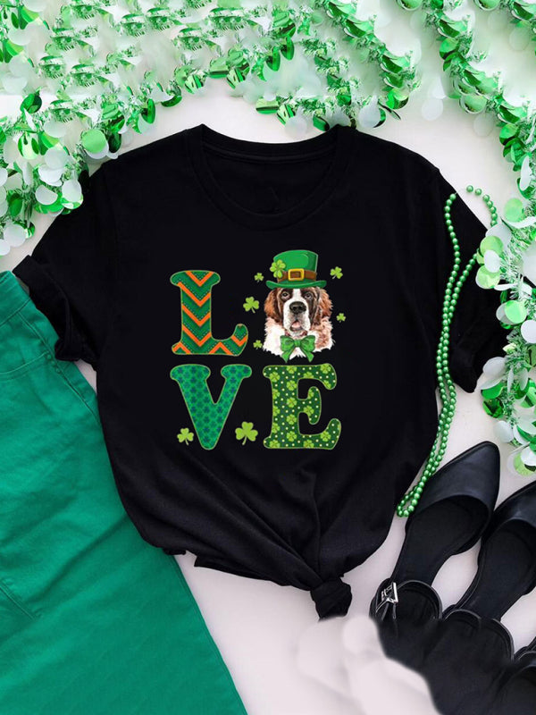 Tees- Women's St. Patrick's Day Tee with Four-leaf Clover Print- Bud green- Pekosa Women Clothing