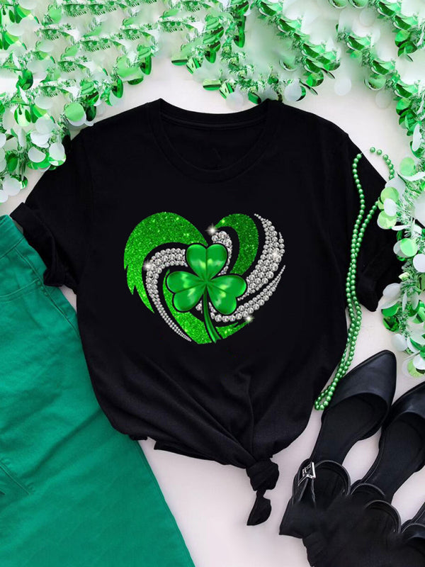 Tees- Women's St. Patrick's Day Tee with Four-leaf Clover Print- Black- Pekosa Women Clothing