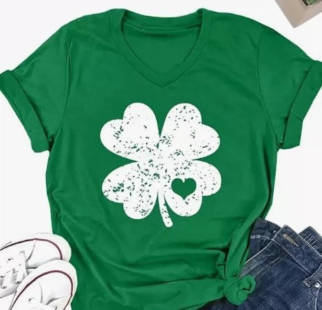 Tees- Women's St. Patrick's Day Tee with Lucky Clover- Green- Pekosa Women Clothing