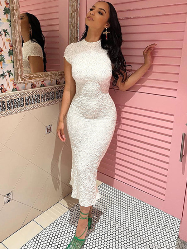 Dresses- Textured Bodycon Stand Collar Midi Dress- White- Pekosa Women Clothing