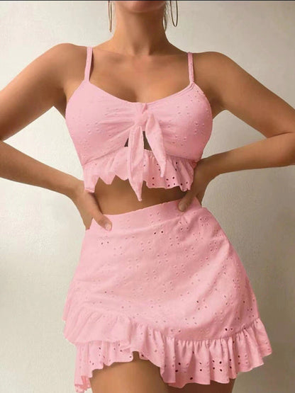 Three Piece Bikini Set- 3-Piece Bikini Swimwear Bikini & Ruffle Bra and Skirt- Pink- Pekosa Women Clothing