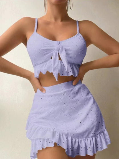 Three Piece Bikini Set- 3-Piece Bikini Swimwear Bikini & Ruffle Bra and Skirt- Lavender- Pekosa Women Clothing