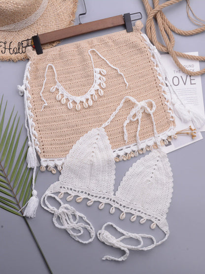 Three-Piece Crochet Bikini Set- Boho Chic Three-Piece Crochet Bikini Set with Seashell Accents- White- Pekosa Women Clothing