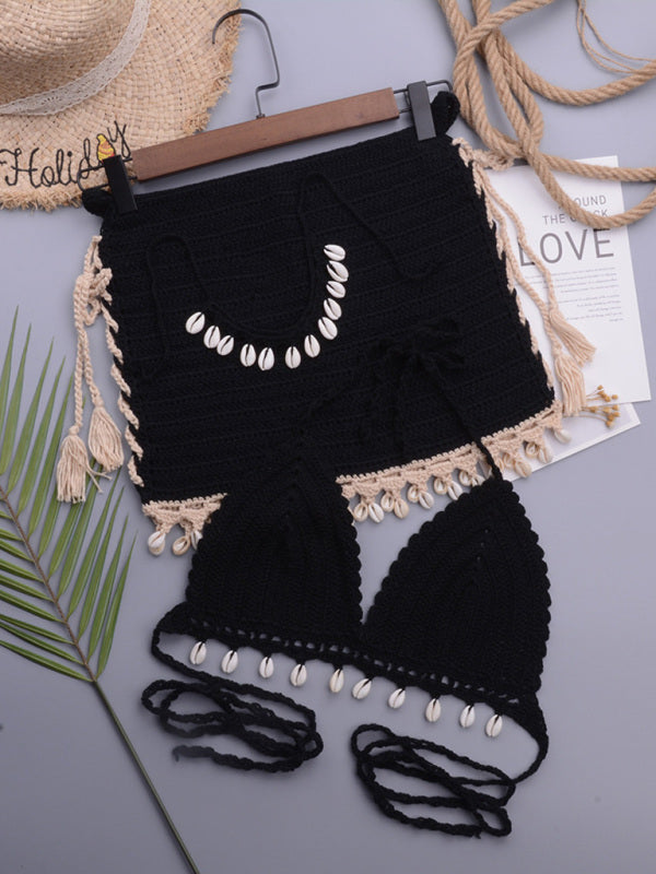 Three-Piece Crochet Bikini Set- Boho Chic Three-Piece Crochet Bikini Set with Seashell Accents- Black- Pekosa Women Clothing