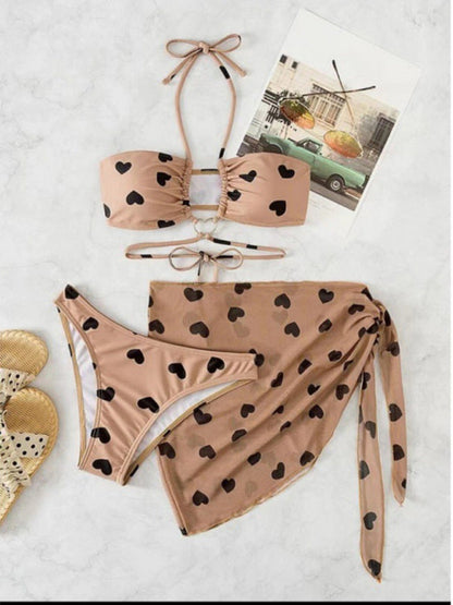 Three-Piece Swimsuit Set- Hurry and Get Yours: Heart Print Boho 3-Piece Swimsuit Set for Beach Vacation- - Pekosa Women Clothing