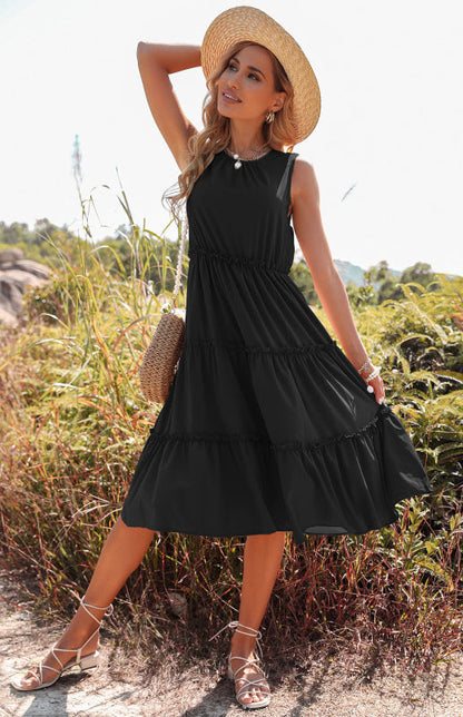 Tiered Dress- Feminine and Stylish Tiered Midi Dress: Versatile for Any Occasion!- Black- Pekosa Women Clothing