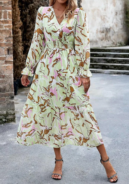 Tiered Dresses- Autumn Floral V Neck Dress: Tiered Design, Ruffle Cuffs, Elastic Waist- - Pekosa Women Clothing