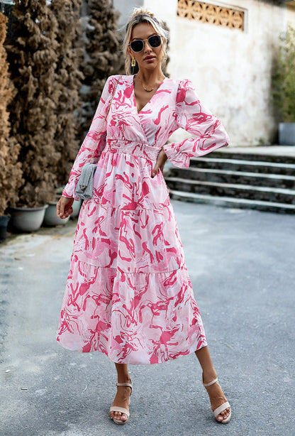 Tiered Dresses- Autumn Floral V Neck Dress: Tiered Design, Ruffle Cuffs, Elastic Waist- Pink- Pekosa Women Clothing