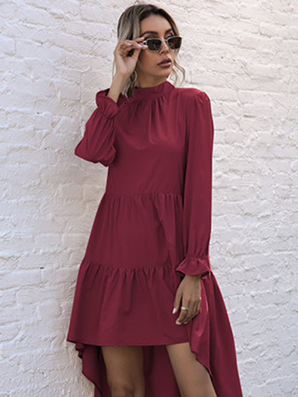 Tiered Dresses- Autumn Solid Tiered High-Neck Mini Dress with Tail- - Pekosa Women Clothing