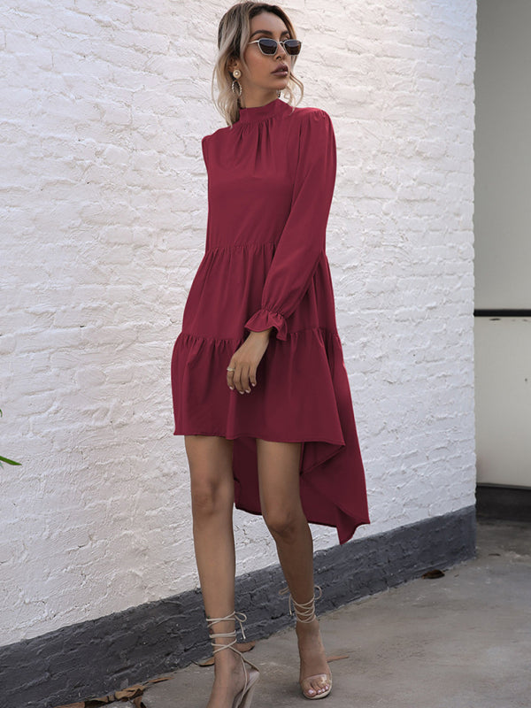 Tiered Dresses- Autumn Solid Tiered High-Neck Mini Dress with Tail- - Pekosa Women Clothing