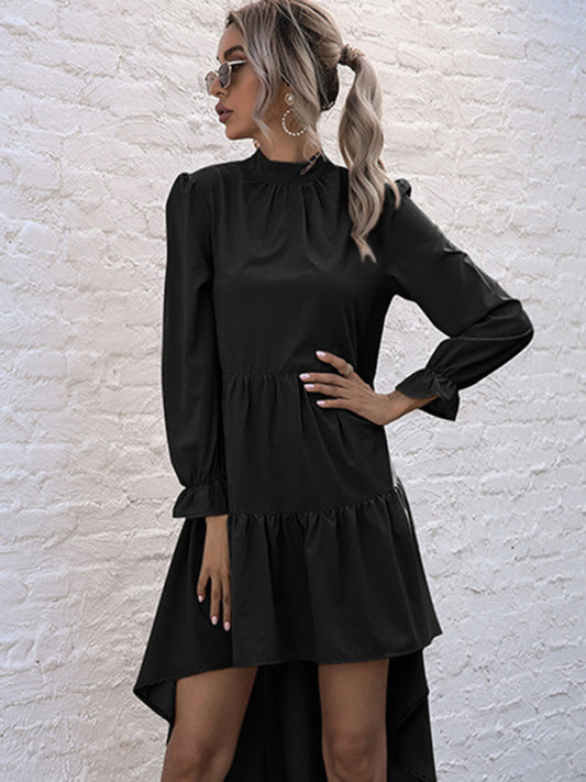Tiered Dresses- Autumn Solid Tiered High-Neck Mini Dress with Tail- Black- Pekosa Women Clothing