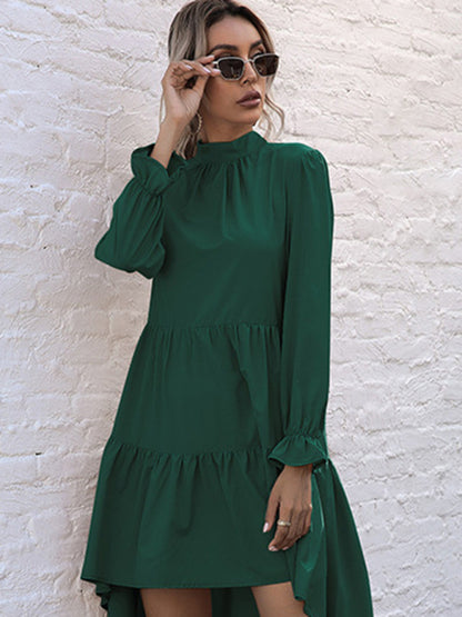 Tiered Dresses- Autumn Solid Tiered High-Neck Mini Dress with Tail- Green- Pekosa Women Clothing