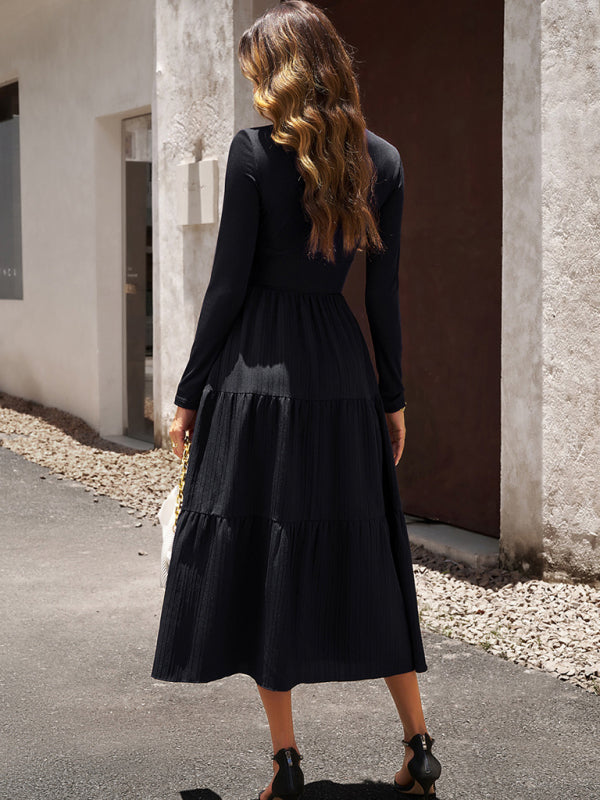 Tiered Dresses- Elegant Textured Fitted Waist Long Sleeve Tiered Dress- - Pekosa Women Clothing