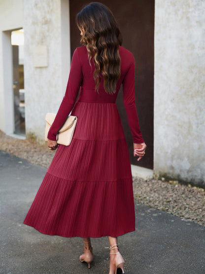 Tiered Dresses- Elegant Textured Fitted Waist Long Sleeve Tiered Dress- - Pekosa Women Clothing