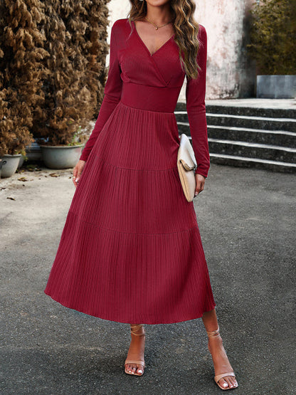 Tiered Dresses- Elegant Textured Fitted Waist Long Sleeve Tiered Dress- Wine Red- Pekosa Women Clothing