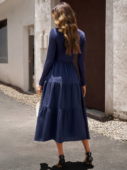 Tiered Dresses- Elegant Textured Fitted Waist Long Sleeve Tiered Dress- - Pekosa Women Clothing