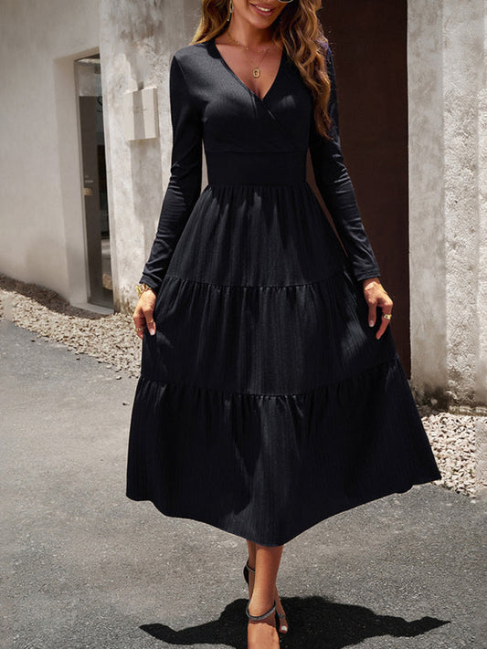 Tiered Dresses- Elegant Textured Fitted Waist Long Sleeve Tiered Dress- Black- Pekosa Women Clothing