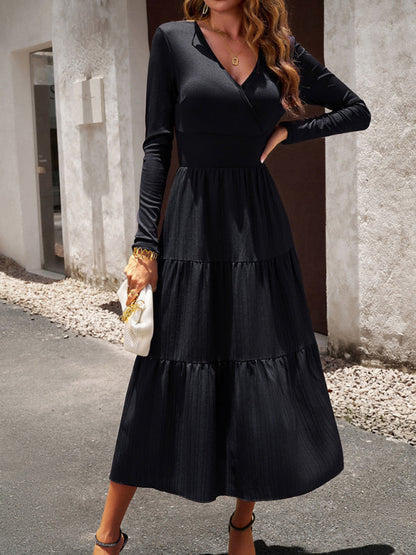 Tiered Dresses- Elegant Textured Fitted Waist Long Sleeve Tiered Dress- - Pekosa Women Clothing