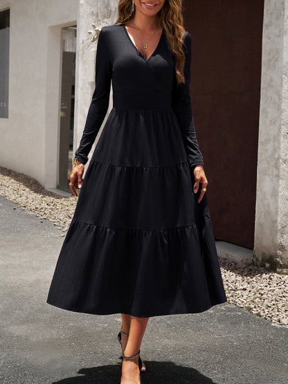 Tiered Dresses- Elegant Textured Fitted Waist Long Sleeve Tiered Dress- - Pekosa Women Clothing