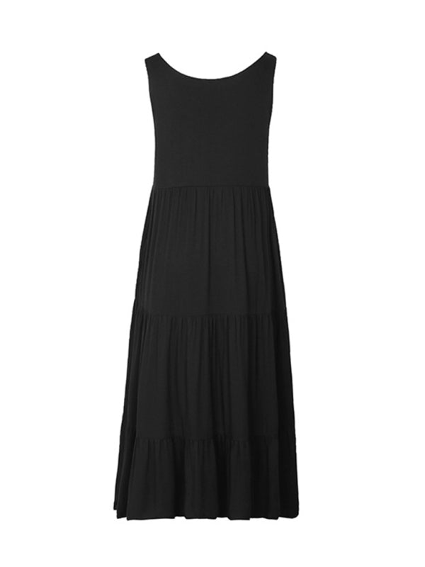 Tiered Dresses- Flowy Solid A-Line Tiered Tank Midi Dress- - Pekosa Women Clothing