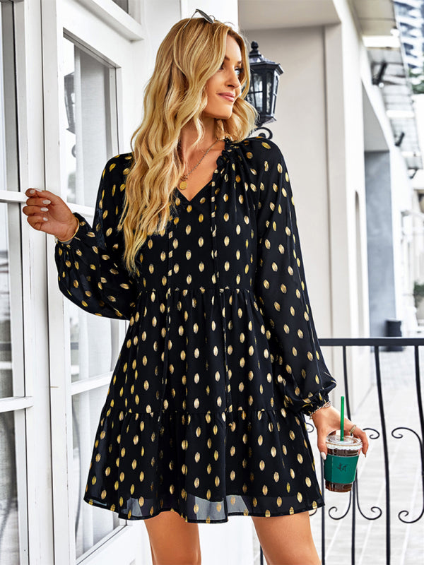 Tiered Dresses- Golden Dots Print Tiered Long Sleeve Dress- - Pekosa Women Clothing