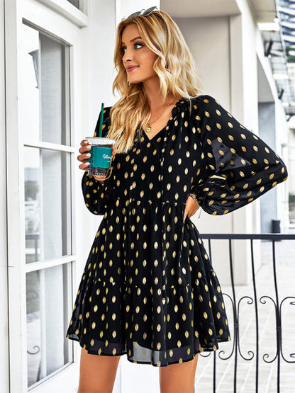 Tiered Dresses- Golden Dots Print Tiered Long Sleeve Dress- - Pekosa Women Clothing