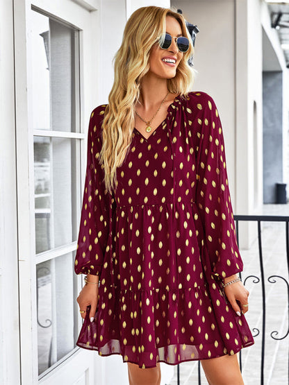 Tiered Dresses- Golden Dots Print Tiered Long Sleeve Dress- Wine Red- Pekosa Women Clothing